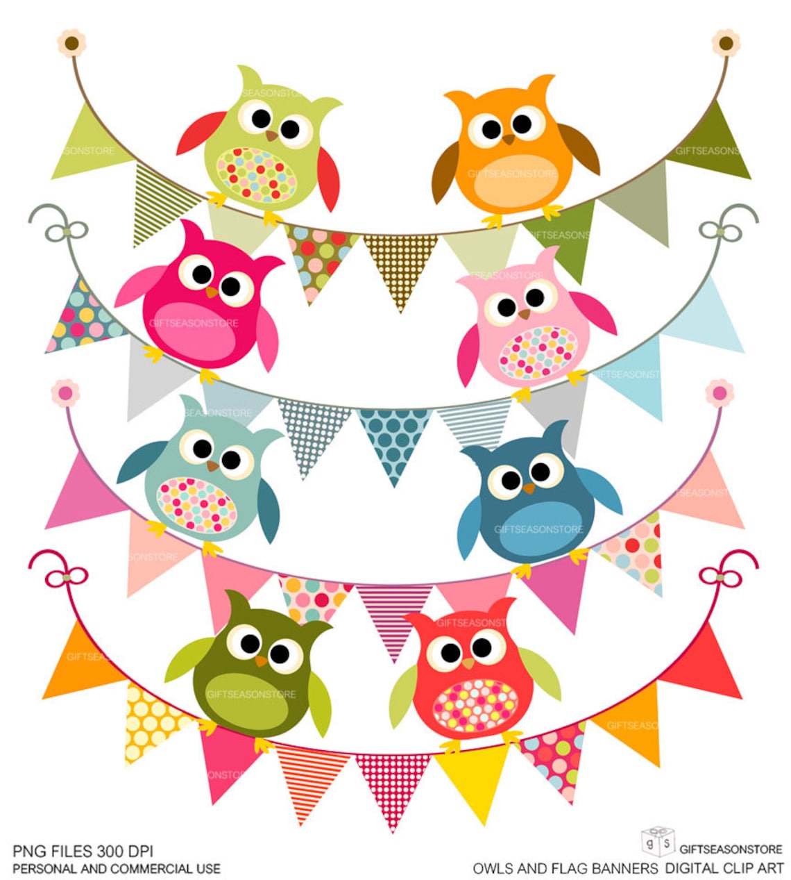 Owls and flag banners Digital clip art for Personal and | Etsy