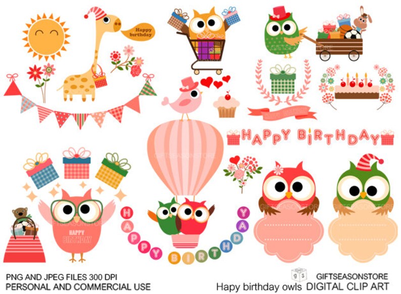 Alles Gute zum Geburtstag Eule ClipArt Digital für Etsy.de