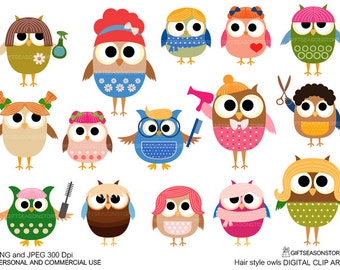 Hair style owls Digital clip art for Personal and Commercial use - INSTANT DOWNLOAD