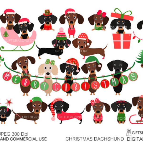 Christmas dachshund Digital clip art for Personal and Commercial use - INSTANT DOWNLOAD