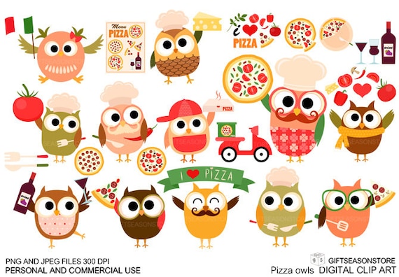 Pizza owl Digital clip art for Personal and Commercial use - INSTANT DOWNLOAD