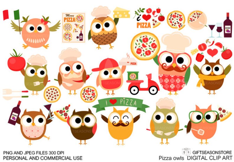K&ouml;nnte beinhalten: Ein Set digitaler Cliparts mit niedlichen Cartoon-Eulen, die als K&ouml;che und Pizzalieferanten verkleidet sind. Die Eulen halten Pizzast&uuml;cke, Pizzakartons und andere pizzabezogene Gegenst&auml;nde. Die Cliparts sind perfekt, um Ihren Projekten eine lustige und skurrile Note zu verleihen.