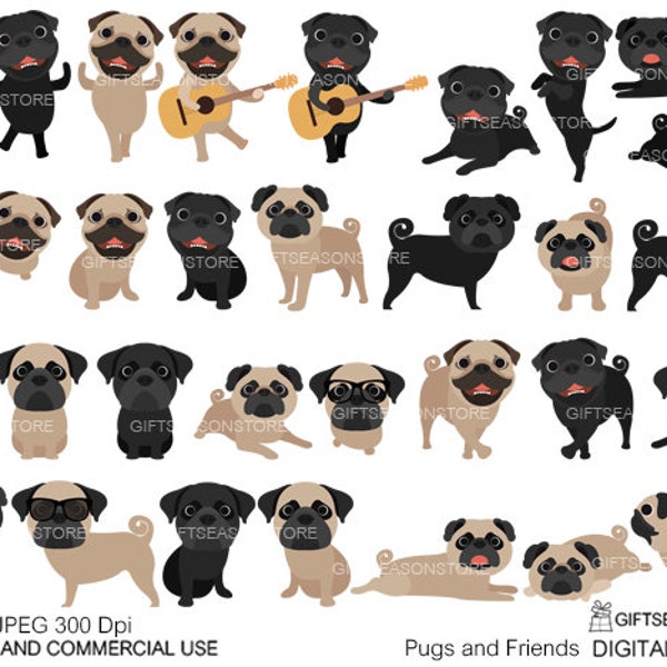 Pugs and Friends Digital clip art for Personal and Commercial use - INSTANT DOWNLOAD