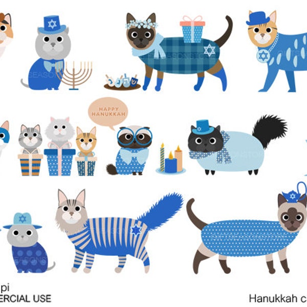 Hanukkah cat digital clip art for Personal and Commercial use - INSTANT DOWNLOAD