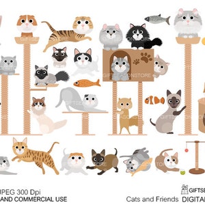Cat and Friends digital clip art for Personal and Commercial use - INSTANT DOWNLOAD