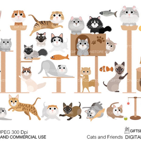 Cat and Friends digital clip art for Personal and Commercial use - INSTANT DOWNLOAD