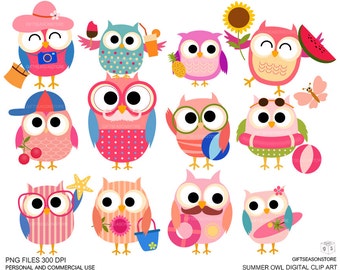 Summer owls Digital clip art for Personal and Commercial use - INSTANT DOWNLOAD