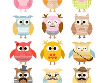 12 Owls Digital clip art for Personal and Commercial use - INSTANT DOWNLOAD