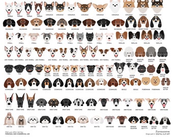 May include: A chart of various dog breeds, with each breed represented by a cartoon illustration of a dog's head. The chart includes breeds such as Bull Terrier, Chihuahua, Dachshund, Pitbull, Jack Russell, Pug, Coonhound, Great Dane, Greyhound, Shih Tzu, and more.