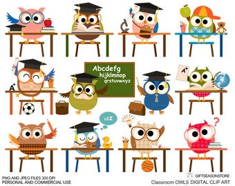 Classroom owl clip art for Personal and Commercial use - INSTANT DOWNLOAD