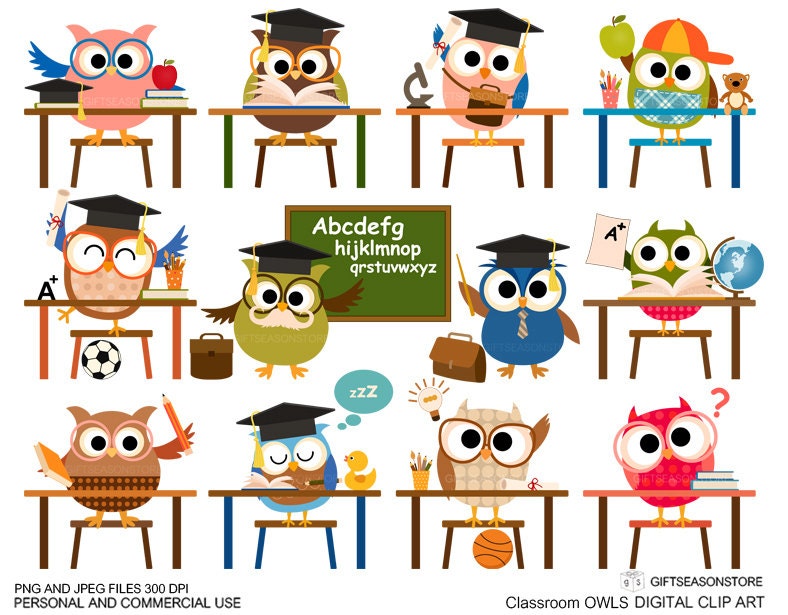 Classroom owl clip art for Personal and Commercial use - INSTANT DOWNLOAD