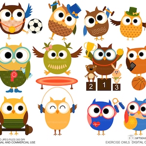 Exercise owl Digital clip art for Personal and Commercial use - INSTANT DOWNLOAD