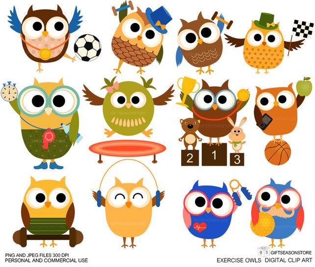 Exercise owl Digital clip art for Personal and Commercial use Etsy