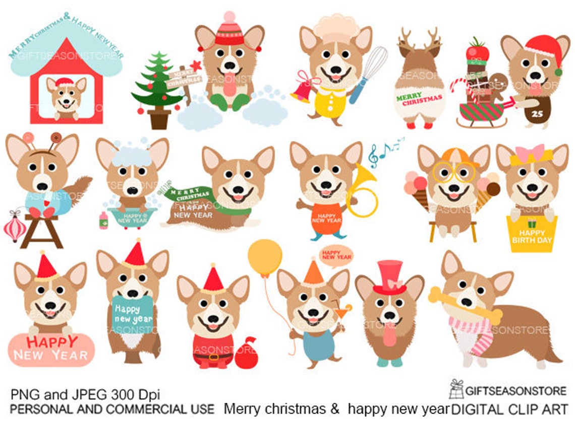 Merry Christmas and Happy New Year Corgi Dogs Digital Clip Art | Etsy
