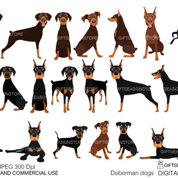 Doberman dogs digital clip art for Personal and Commercial use - INSTANT DOWNLOAD