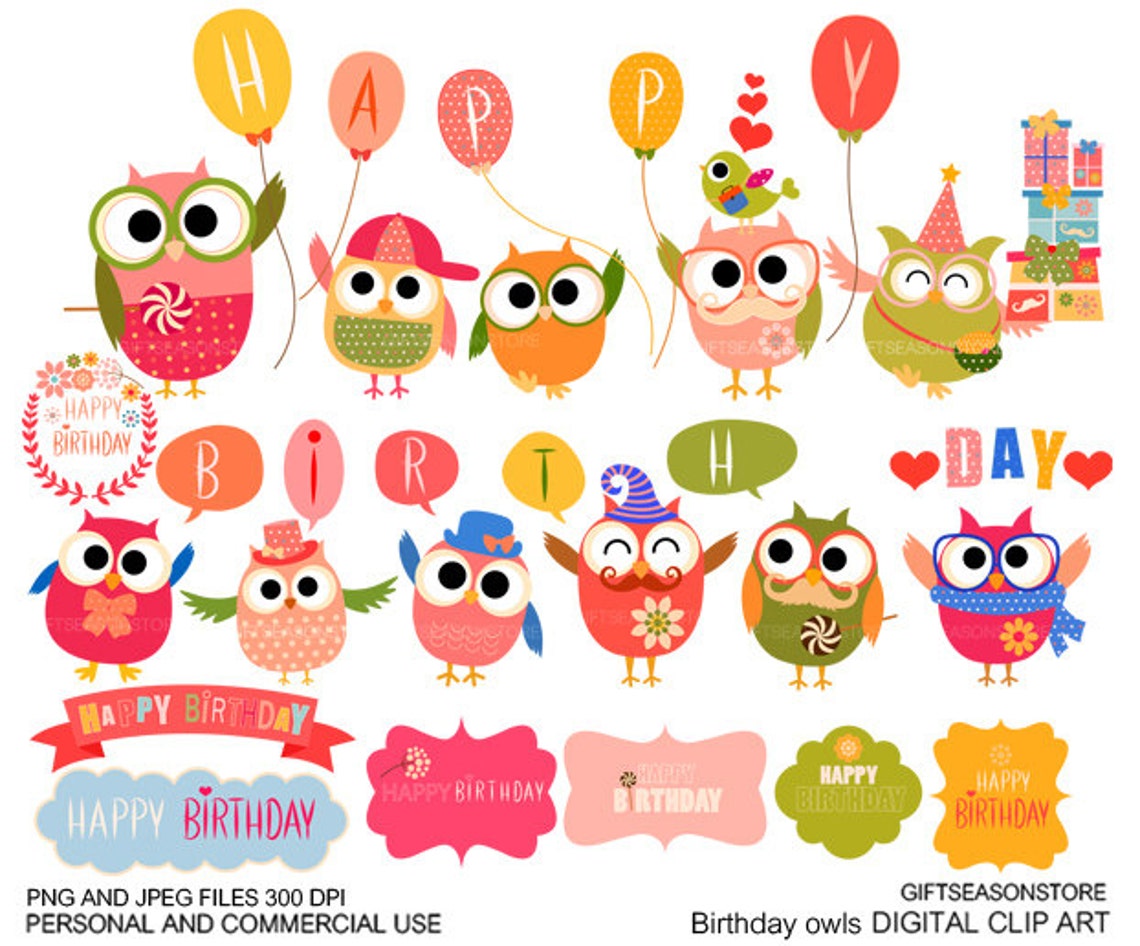 Happy birthday owl Digital clip art for Personal and | Etsy