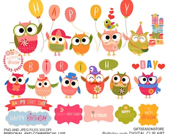 Happy birthday owl Digital clip art for Personal and Commercial use - INSTANT DOWNLOAD