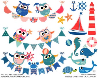 Nautical owl clip art for Personal and Commercial use - INSTANT DOWNLOAD