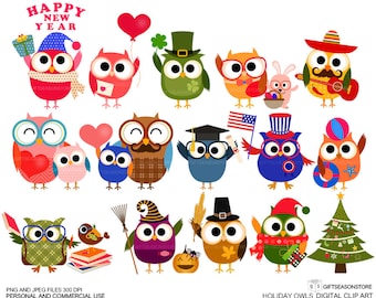 Holiday owls Digital clip art for Personal and Commercial use - INSTANT DOWNLOAD