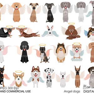 Puede incluir: Clipart digital con 18 razas de perros diferentes con alas de ángel y halos. Los perros están en varias poses y colores, incluyendo negro, blanco, marrón y gris. El clipart es perfecto para crear tarjetas, invitaciones y otros proyectos.