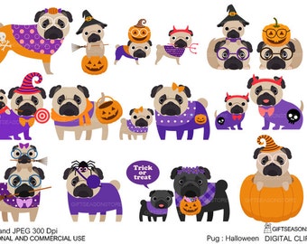 Halloween pug digital clip art for Personal and Commercial use - INSTANT DOWNLOAD