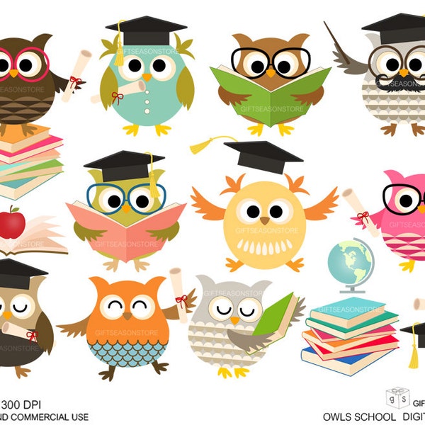 School owls Digital clip art for Personal and Commercial use - INSTANT DOWNLOAD