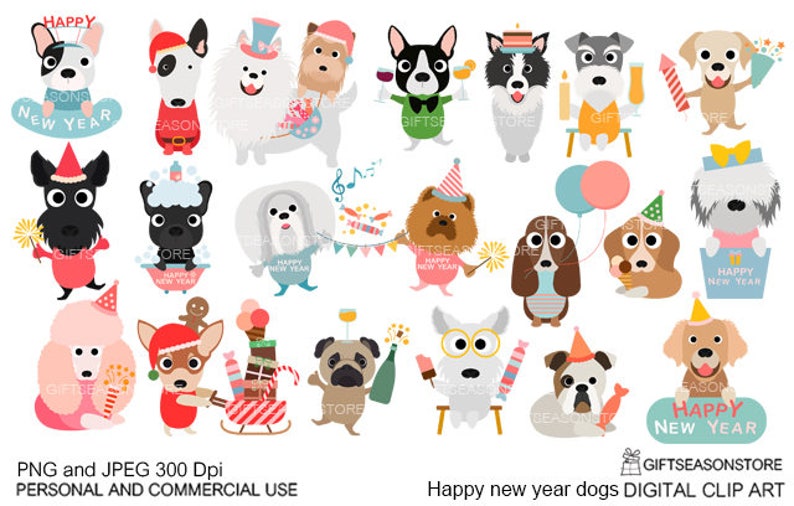 Happy New Year Dogs Digital Clip Art for Personal and Etsy