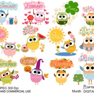 Month owls digital clip art for Personal and Commercial use - INSTANT DOWNLOAD