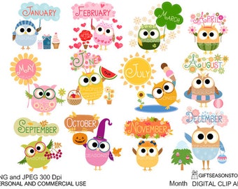 Month owls digital clip art for Personal and Commercial use - INSTANT DOWNLOAD