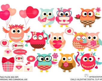 Valentine owls Digital clip art for Personal and Commercial use - INSTANT DOWNLOAD