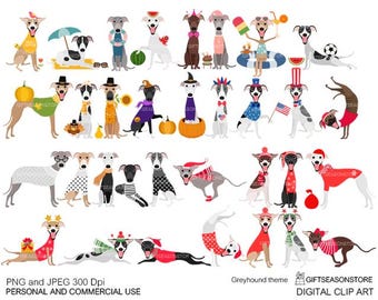 May include: A set of 36 digital clip art images featuring a greyhound dog in various costumes and poses. The dog is wearing different outfits for different holidays and seasons, including Halloween, Thanksgiving, Christmas, and summer. The images are in PNG and JPEG format and are 300 DPI.