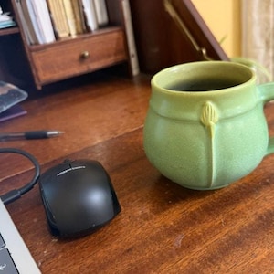 May include: A round, light green ceramic mug with a textured, matte finish and a single handle. The mug features a subtle, vertical embossed botanical detail on the front, resembling a closed flower bud or stem, and has a slightly darker green rim.
