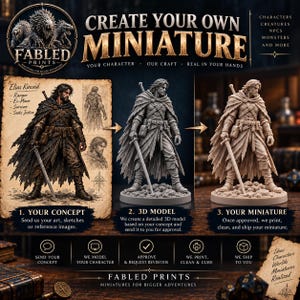 May include: A promotional graphic for Fabled Prints showing a three-step process to create a custom miniature. It features a character concept illustration, a 3D digital model, and a physical miniature figure of a ranger with a sword and cloak.