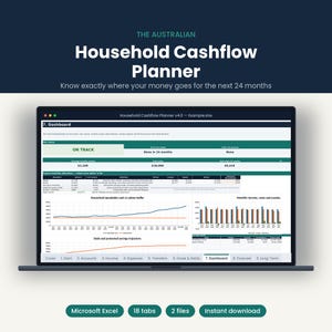 May include: A digital spreadsheet titled The Australian Household Cashflow Planner displayed on a laptop screen. The dashboard shows financial data, including charts, tables, and status indicators for tracking income, expenses, and savings over 24 months.