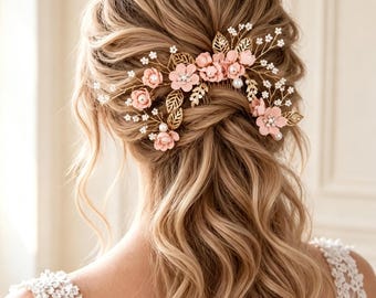 Gold Floral Blush Pink Bridal Hair Comb Set, Pearl Crystal Wedding Hair Pins, Romantic Bride Headpiece & Hair Accessories