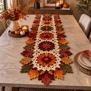 Könnte beinhalten: Ein langer, rechteckiger Häkel-Tischläufer mit einem sich wiederholenden Muster aus großen, kreisförmigen Blumenmotiven in Orange-, Rot- und Brauntönen, umrandet von cremefarbener Spitze und detaillierten, strukturierten Herbstblatt-Applikationen.