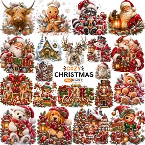 May include: A digital collection of Christmas-themed illustrations featuring a highland cow, gingerbread person, raccoon, Santa Claus, snowman, reindeer, cat, teddy bear, polar bear, puppy, and elf, with text reading COZY CHRISTMAS PNG BUNDLE.