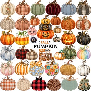 May include: A collection of digital pumpkin illustrations featuring various patterns, colors, and textures, including plaid, floral, leopard print, and jack-o'-lantern faces, with the text FALL PUMPKIN PNG 100+ displayed in the center.