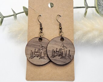 Walnut Wood Circle Earrings | Engraved Mountain Landscape, Boho