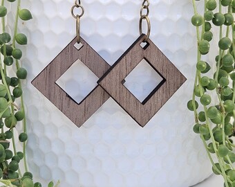 Laser Cut Walnut Wood Earrings | Modern Square Boho Design