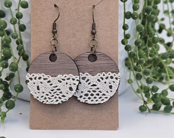 Walnut Wood Circle Earrings | Cream Crochet Lace, Boho Style