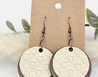 Layered Circle Earrings | Walnut Wood & Cream Faux Leather