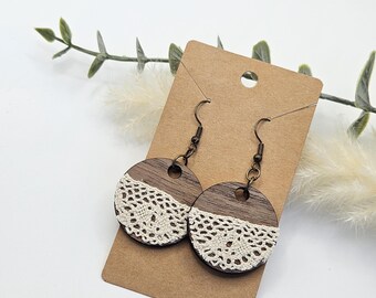 Laser Cut Walnut Earrings | Cream Crochet Lace, Boho Style