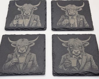 Highland Cow Slate Coasters | Laser Engraved |