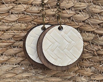 Walnut Wood Circle Earrings | Cream Faux Leather, Lightweight Boho Earrings