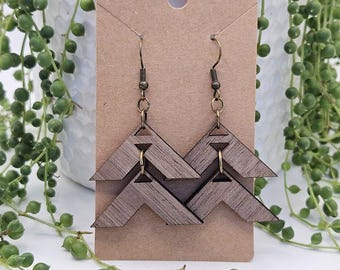 Laser Cut | Triangular Chevron Earrings| Walnut Wood | Statement Earrings