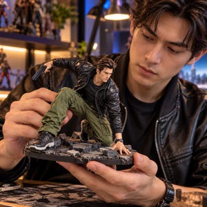May include: A detailed action figure of a man in a black leather jacket and olive green cargo pants, posed in a crouched position on a rubble-textured base. The figure holds a small black handgun in one hand and wears black sneakers.