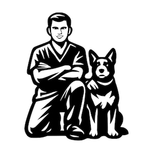 Puede incluir: Una ilustración gráfica en blanco y negro que muestra a una persona con una camiseta de cuello en V y pantalones, arrodillada con los brazos cruzados. Junto a la persona hay un perro con orejas puntiagudas y una mancha blanca en el pecho.