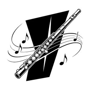May include: A black and white graphic illustration of a transverse flute positioned diagonally across a sharp, black geometric shape. The design features flowing musical staff lines and scattered musical notes surrounding the instrument.