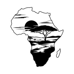 May include: A black and white graphic illustration of the African continent outline. Inside the shape is a landscape scene featuring a large sun, horizontal cloud lines, a prominent acacia tree, and grassy plains with smaller trees in the distance.